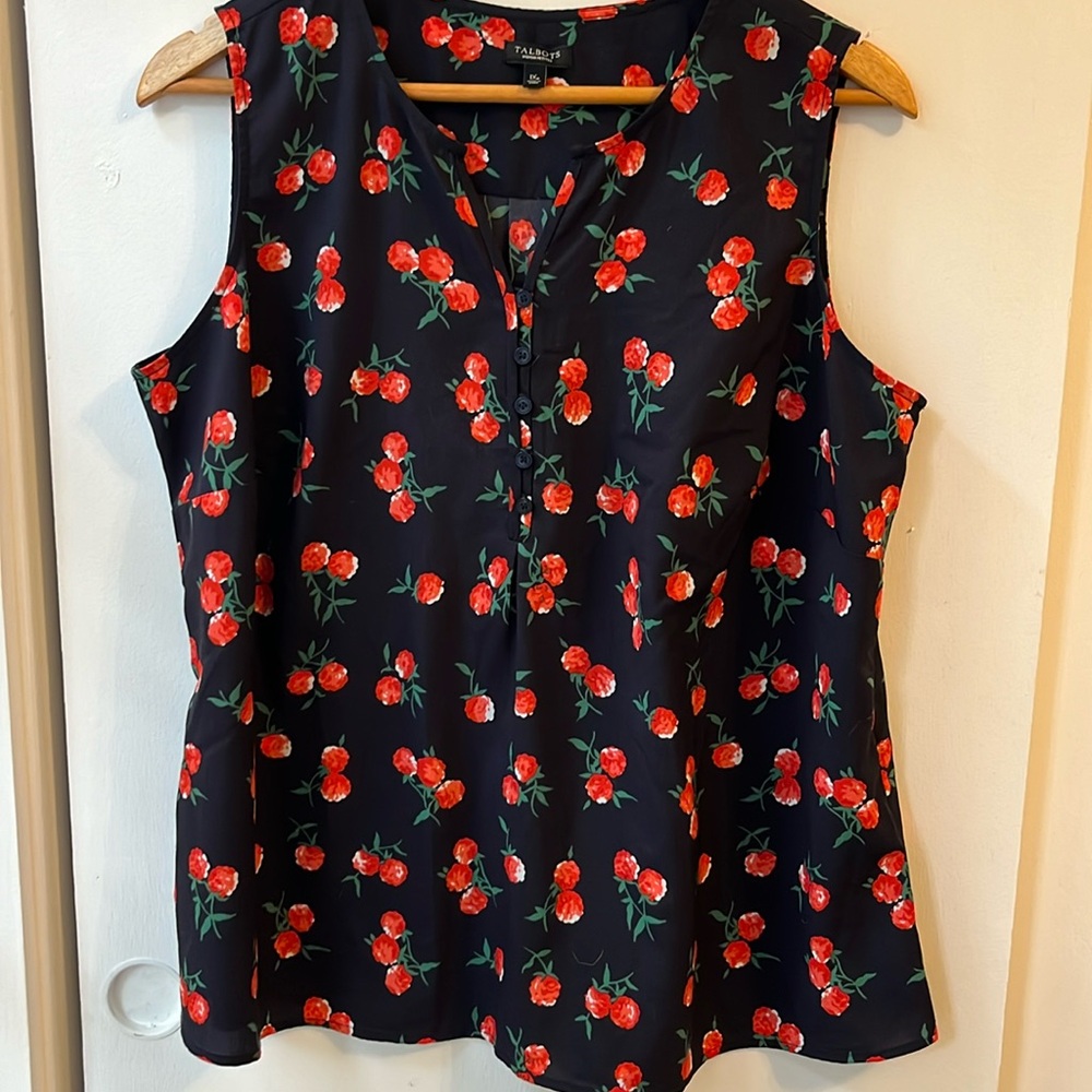 Talbots Blue Red Carnation raspberry Pattern Sleeveless Blouse Sz 1xp